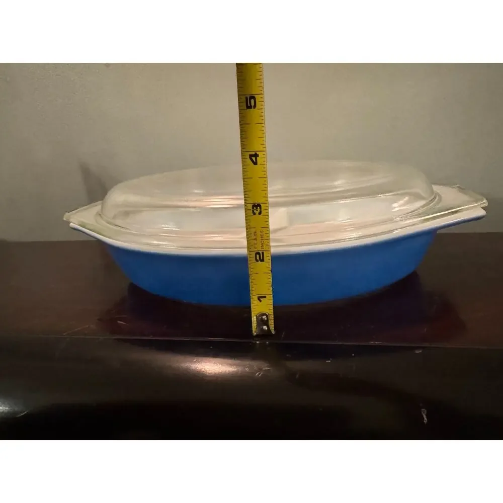 Pyrex Blue Oval Divided Casserole Dish 1.5 Qt With Clear Lid USA Vintage